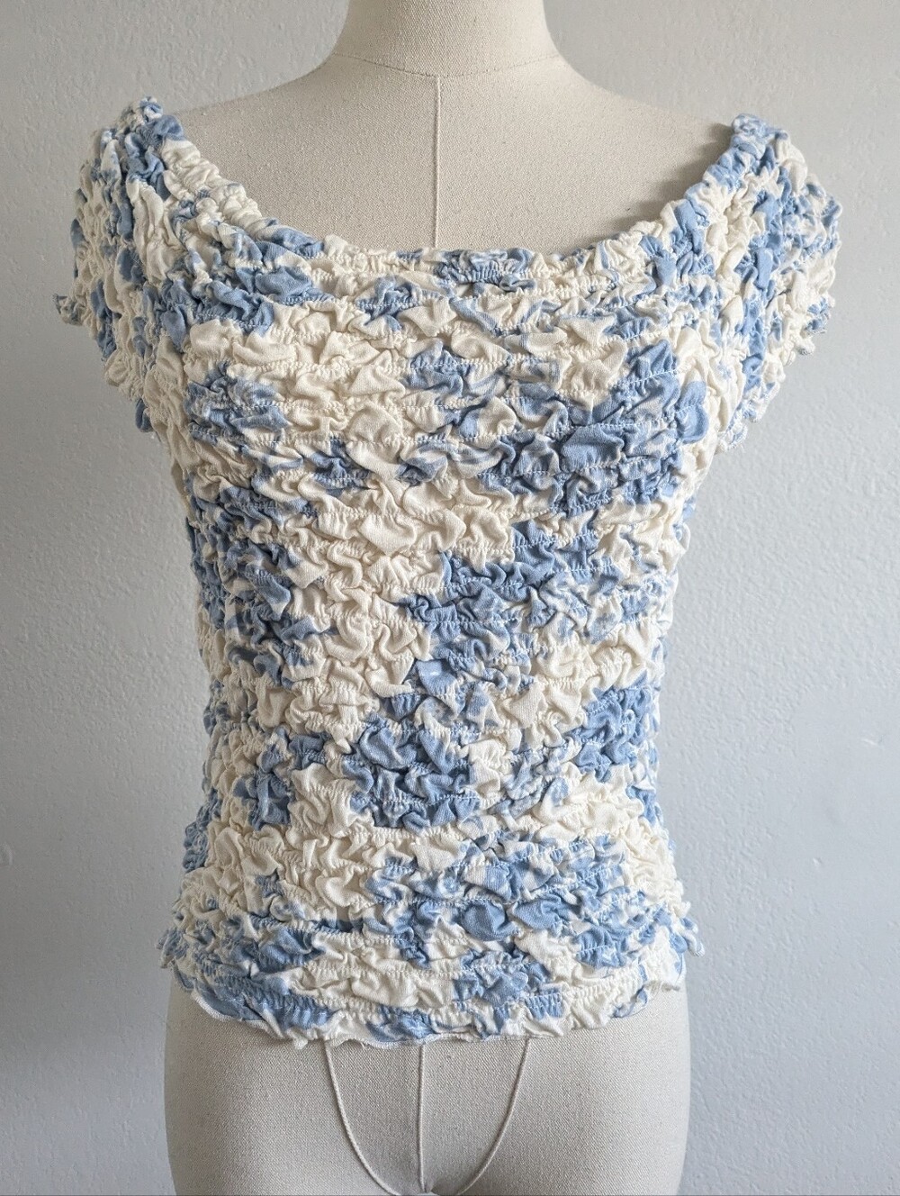 Free People Smocked Short Sleeve Top in Cream and Light Blue